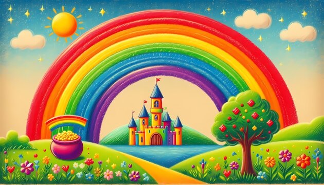 A vibrant, high-quality image of a childs crayon drawing of a rainbow, with a pot of gold at one end and a happy, colorful castle at the other, Ai generated image