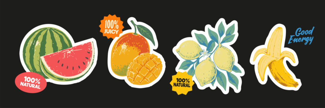 Vintage tropical fruit sticker collection featuring watermelon, mango, lemons and banana with colorful labels, badges and fresh food lettering.