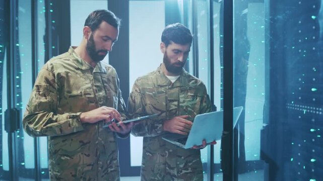 Military personnel rehearsing cyber defense, Soldiers actively training in cybersecurity incident handling