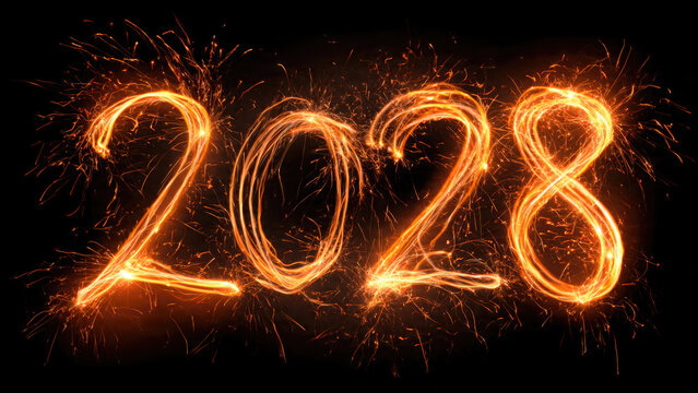 Fiery sparkler writing two thousand twenty eight on a dark background new year celebration