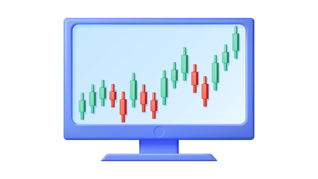 Computer monitor displaying stock market candlestick trading chart icon in minimalist three dimensional style isolated on white