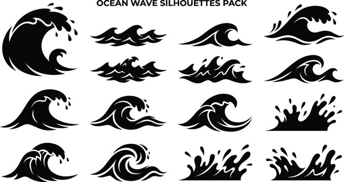 Ocean Wave Silhouette Icon Set &mdash; Black Vector Sea Surf, Splash, and Curl Collection