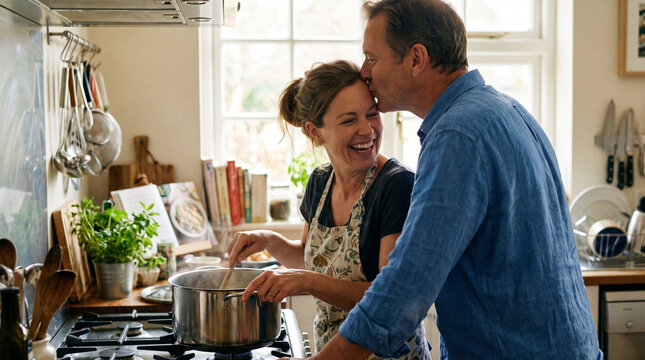 Couple cooking together in a cozy kitchen, sharing a loving moment.
