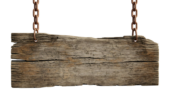Weathered wooden sign board hanging from rusty chains on white background, rustic sign hanging sign