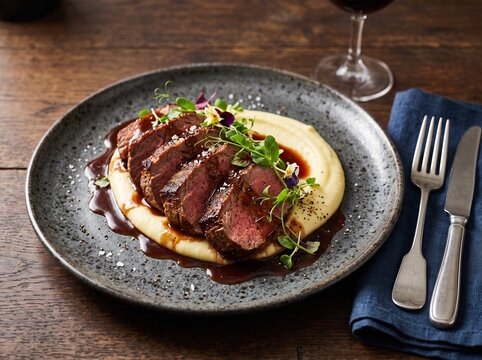 Gourmet sliced roasted beef tenderloin steak served over creamy potato puree with rich jus reduction and microgreens on a rustic ceramic plate