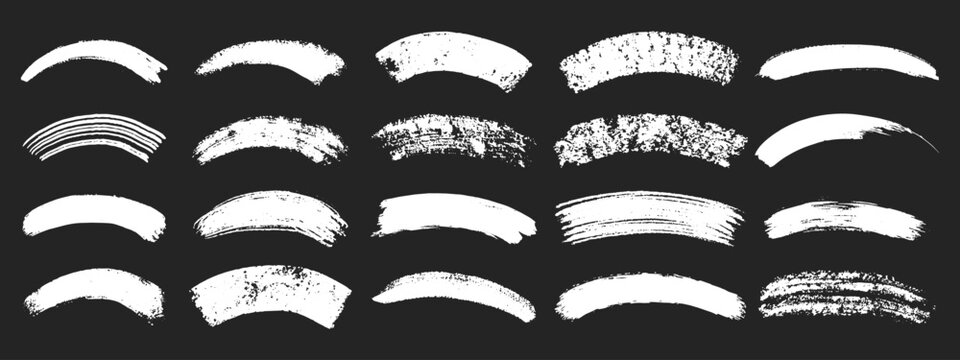 Brush arc strokes set. Abstract curved shapes with grunge texture. Hand drawn brushstroke elements. Bold thick lines.