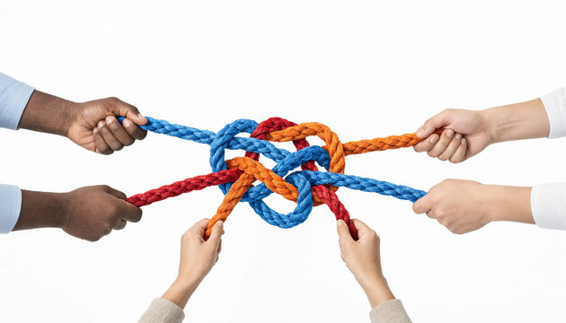 Diverse hands pulling colorful ropes tied in knot representing teamwork and collaboration concept against white background