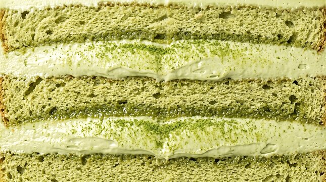 Macro cross section of green tea matcha layered cake with creamy frosting and sponge texture