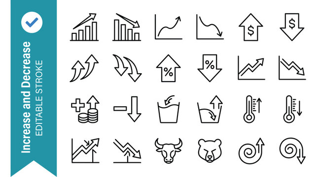 Editable stroke icons depicting increase and decrease symbols for business and finance in simple style