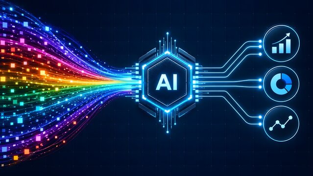 Rainbow spectrum data blocks funneling into artificial intelligence core processor for statistical graph analytics