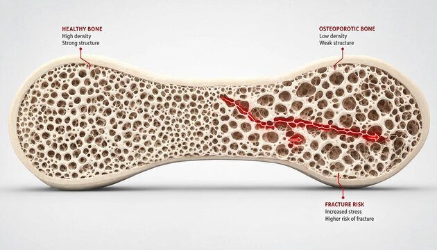 Osteoporosis bone health comparison showing fracture risk in low density weak structure versus high density strong healthy bone