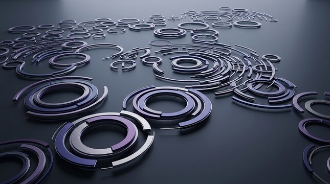 Abstract purple metallic concentric circular rings pattern on dark background 3D render