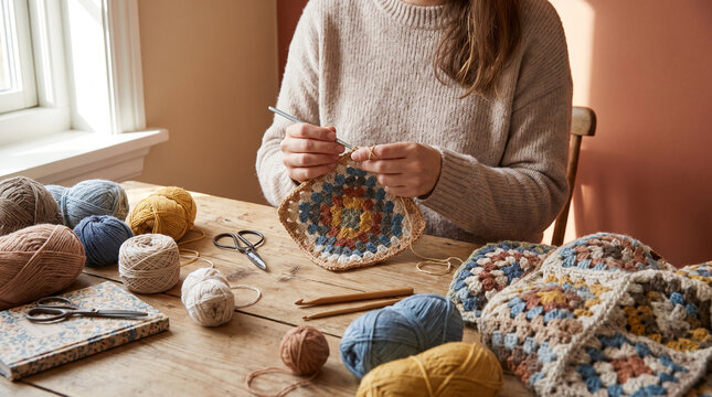Woman Crocheting Granny Square in Cozy Craft Workspace