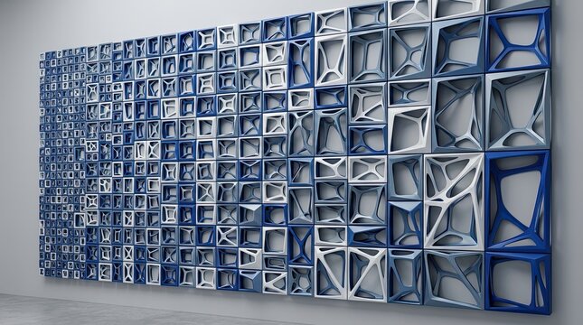 Modern blue and white parametric 3D grid wall panel sculpture 3D render