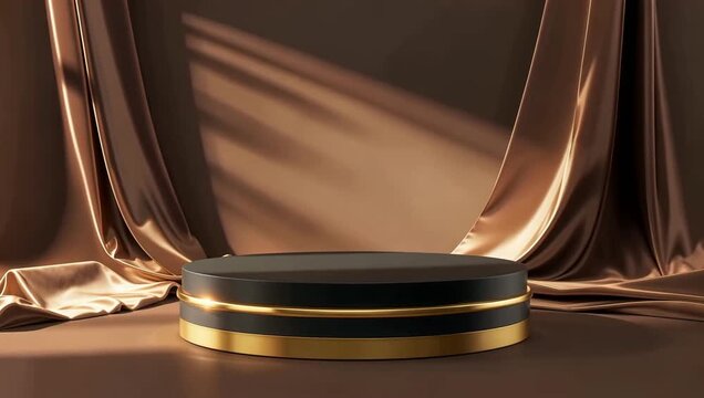 Tiered dark product podium draped with luxurious golden velvet fabric in warm studio.