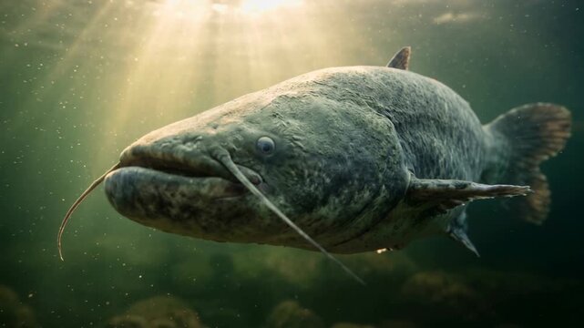 mekong giant catfish underwater close up at morning light in mekong river thailand video