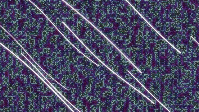 Abstract digital background with glowing diagonal white lines against a textured dark purple and green pattern