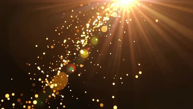 Golden light particles rising and floating like wheat chaff on dark autumn background.