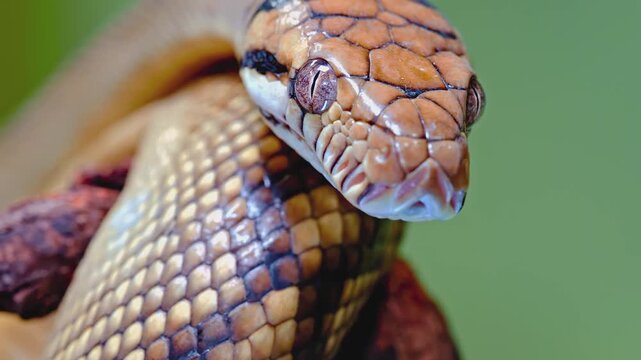 Reticulated python close up static shot showing the snake flicking its