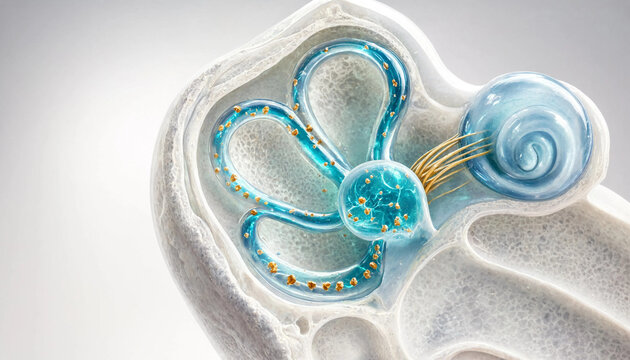 Inner ear anatomy concept with cochlea and semicircular canals in 3D medical illustration