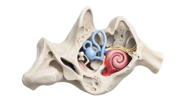 Human inner ear anatomy model showing cochlea semicircular canals and auditory nerve in temporal bone