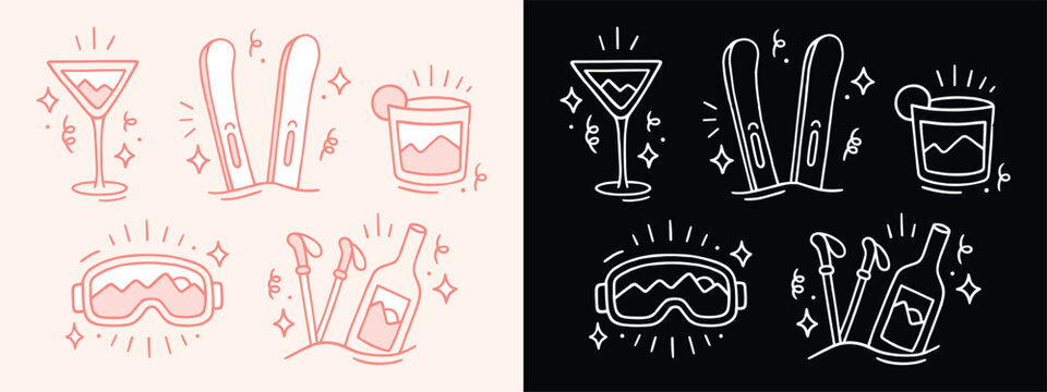 Apres ski party doodle mountains inside cocktail glass winter sports theme girls night pink aesthetic outline drawing. Hand drawn goggles next to wine bottle alpine bar black and white sticker pack.