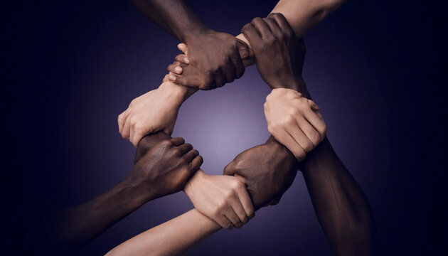 Diverse hands clasped in circle symbolizing unity teamwork and human connection against dark background