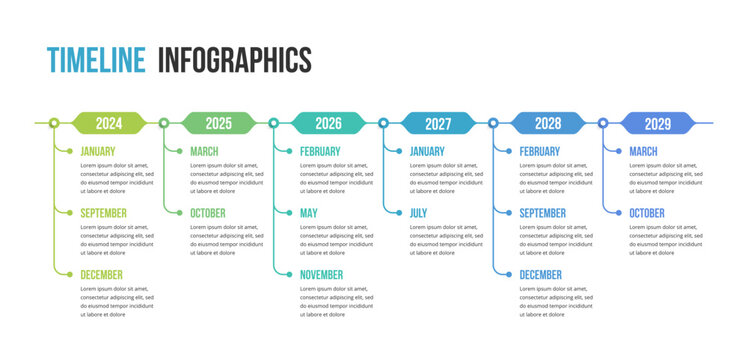 Timeline infographic template with six year labels and monthly milestone entries arranged along a horizontal line