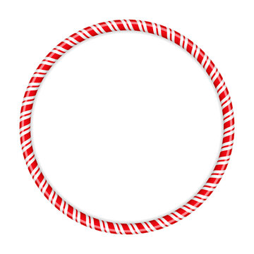 Christmas candy cane glossy frame. Red white stripe candy cane circle round border. Festive holiday ornament for winter greeting, menu or sale. Vector illustration