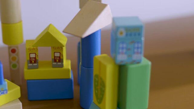 Wooden Bank Block Miniature City Buildings Close Up