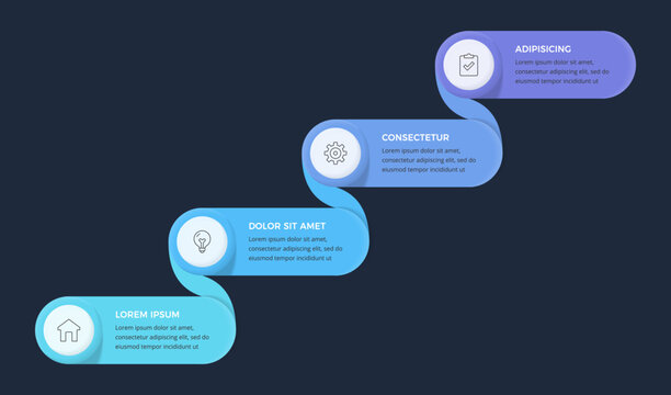 Infographic template featuring staircase diagram layout with a winding ribbon connecting four horizontal banners, ideal for process presentations or presenting sequential growth. Dark background