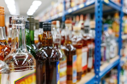 The Bottles on a Busy Store Shelf in a Liquor Aisle
