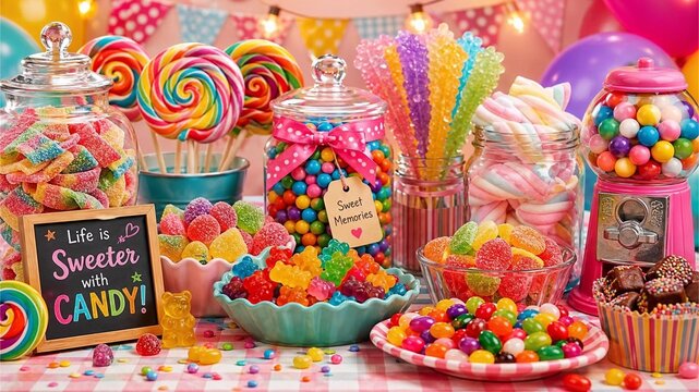 Vibrant candy buffet display featuring colorful lollipops glass jars filled with sweets and festive party decorations