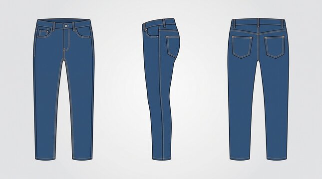 A clean fashion vector flat sketch showing front, side, and back views of classic blue denim jeans with detailed stitching, pockets, and a waistband.