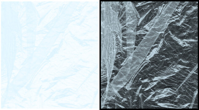 Crumpled plastic texture background, transparent cellophane wrap surface, wrinkled polyethylene film overlay for graphic design