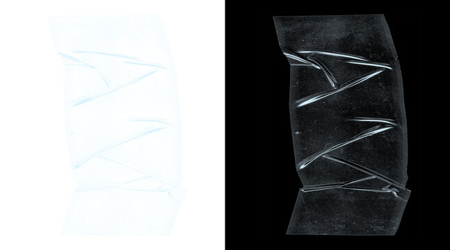 Transparent plastic wrap texture, wrinkled cellophane overlay on black and white backgrounds, crumpled poly film material for packaging design
