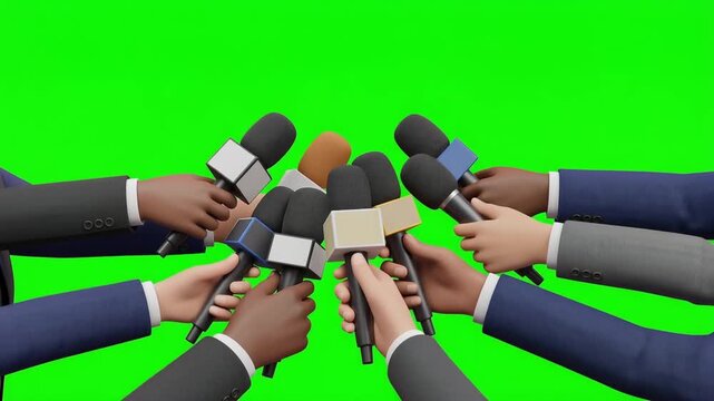 Many hands in business suit holding microphones on green chroma key background. Group of journalists interviewing someone. News media conference, press broadcast and communication concept. 3d render.