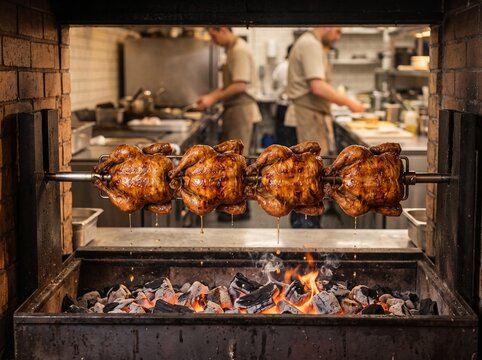 Whole chickens roasting on rotisserie spit over burning hot charcoal grill in open kitchen, highlighting traditional rotisserie roasting
