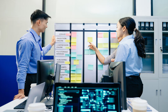 Asian IT software developers collaborating on task management using sticky notes on an agile scrum board during sprint planning
