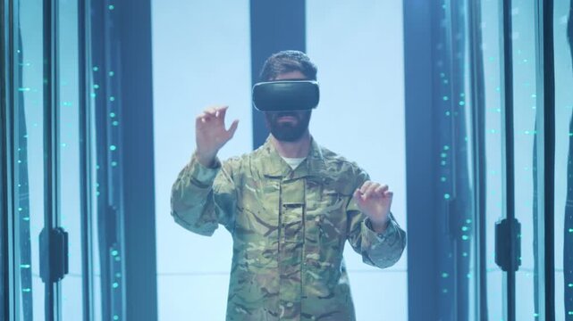 Virtual combat training session, Military trainee engages with virtual environment and interactive displays