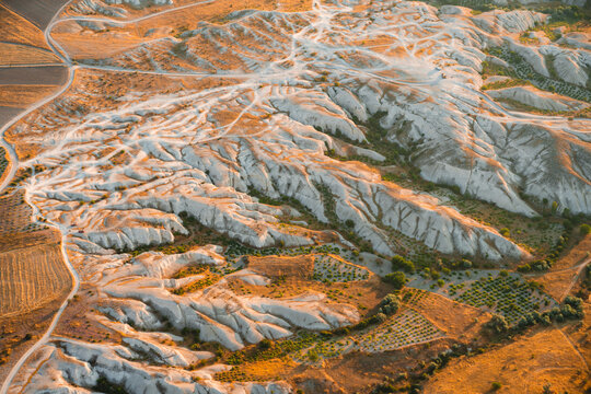 Aerial view of eroded volcanic valleys in Cappadocia, Nevsehir, Turkey