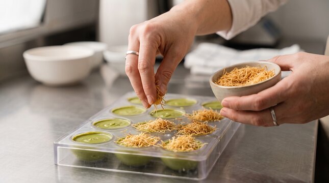 Hands of chocolatier sprinkling crispy kadaifi pastry over green pistachio chocolate filling in mold, conveying artisanal chocolate crafting