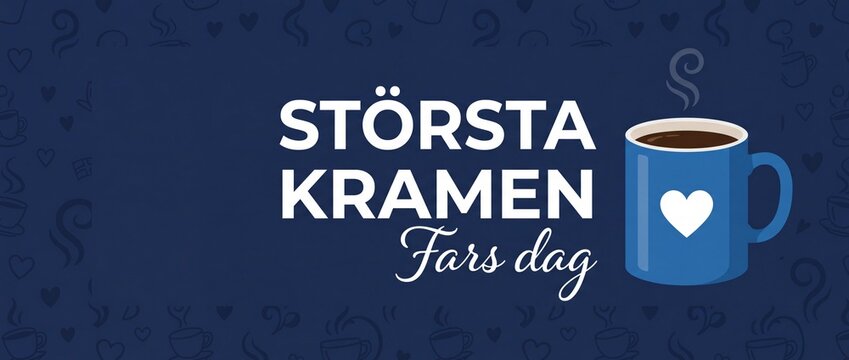 Fars Dag Swedish Father Day greeting banner vector background with coffee mug illustration, text saying St&ouml;rsta Kramen Fars dag, blue celebration card design for dad holiday celebration, space for tex