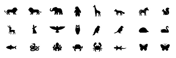Fototapeta premium Wildlife Silhouette Icons Set, Minimalist Animal Illustrations, Graphic Design Elements, Vector Icons