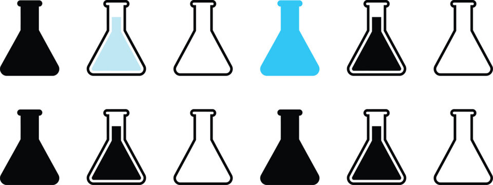 Set of scientific laboratory erlenmeyer flasks in black and white icons with lab flask chemistry equipment science beaker laboratory glassware