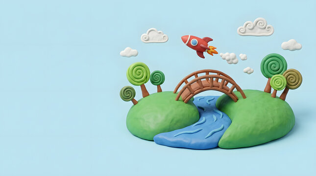 Clay landscape with green hills wooden bridge over blue river and flying red rocket under cartoon white clouds.