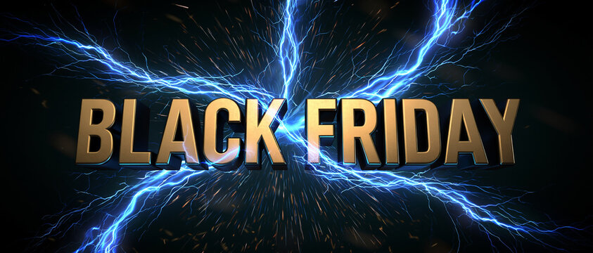 Black Friday Gold Text Electric Blue Lightning Background Banner