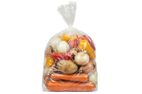 Assorted fresh vegetables including carrots, potatoes, onions, and bell peppers packed in a clear plastic bag isolated on a transparent background