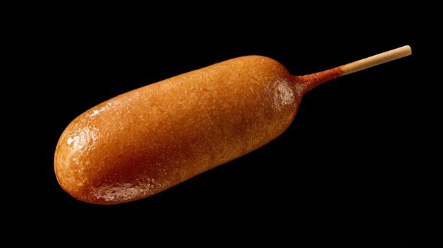 A corn dog on a stick rests on a black surface, lit from the side. The golden-brown crust shines under the light.