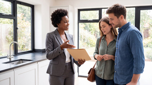 Real estate agent discusses property details with young couple inside modern kitchen featuring large windows and contemporary design elements